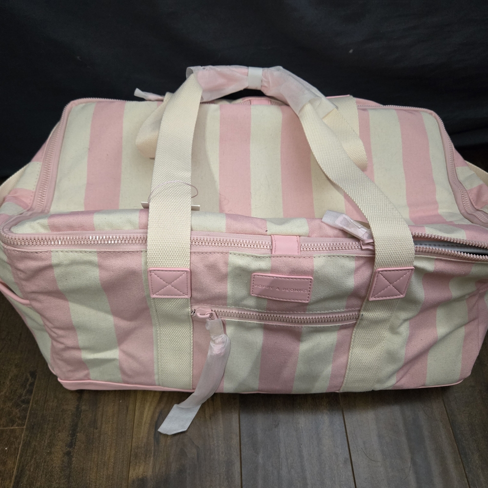 Poppy & Peonies Pink and White Striped Duffel Bag